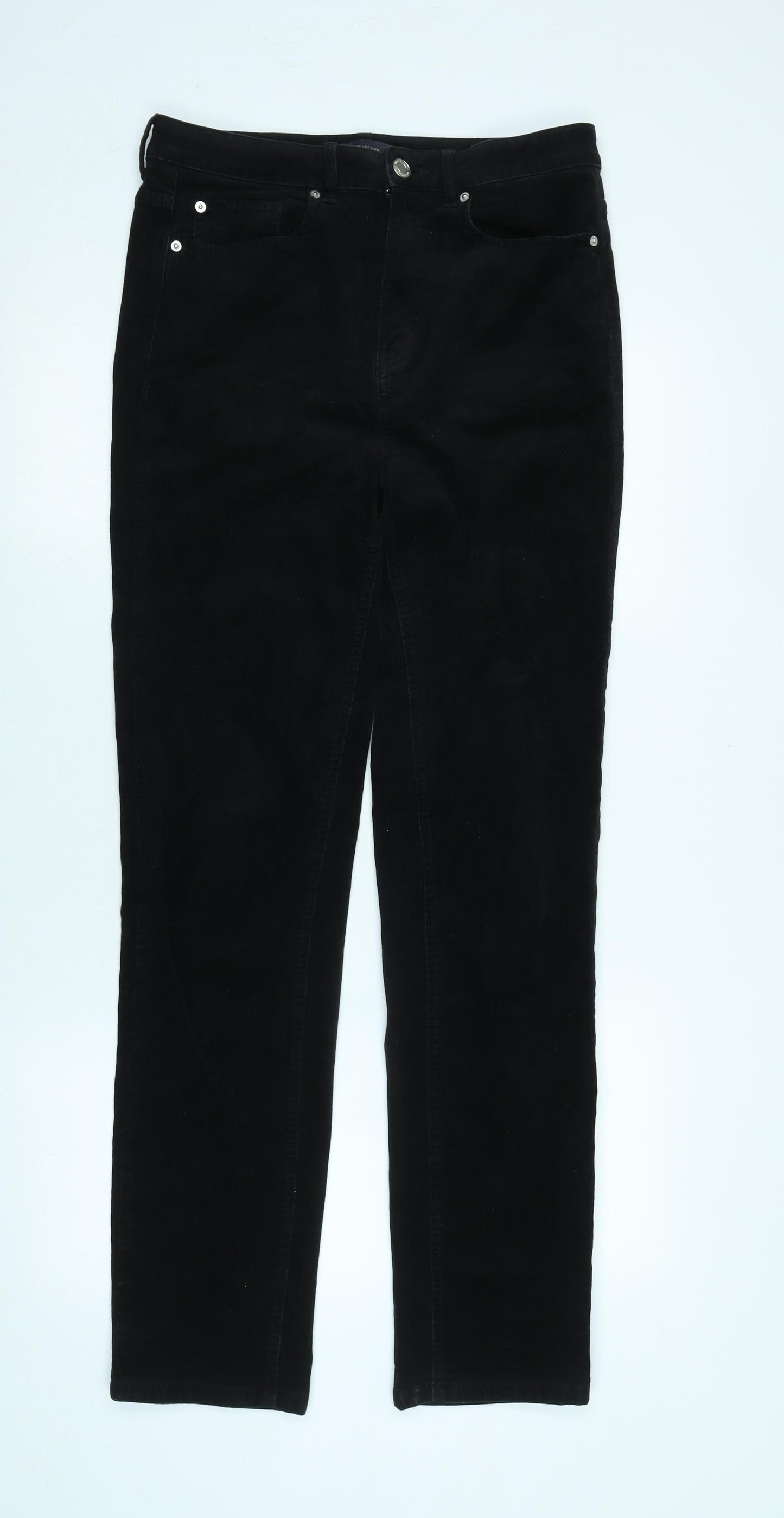 Marks and Spencer Womens Black Cotton Blend Trousers Size 12 L31 in Regular Zip