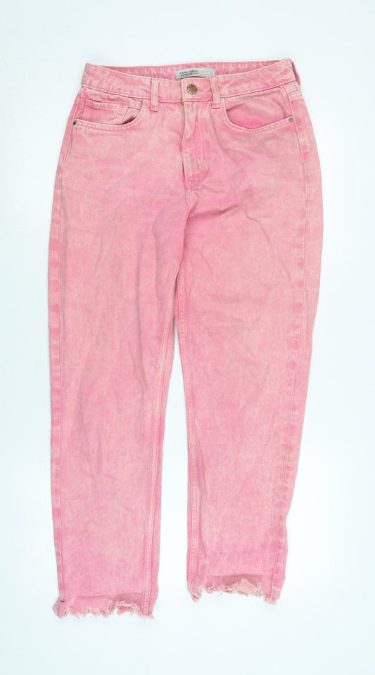 Zara Womens Pink Cotton Straight Jeans Size 10 L26 in Regular Zip - Raw Hem