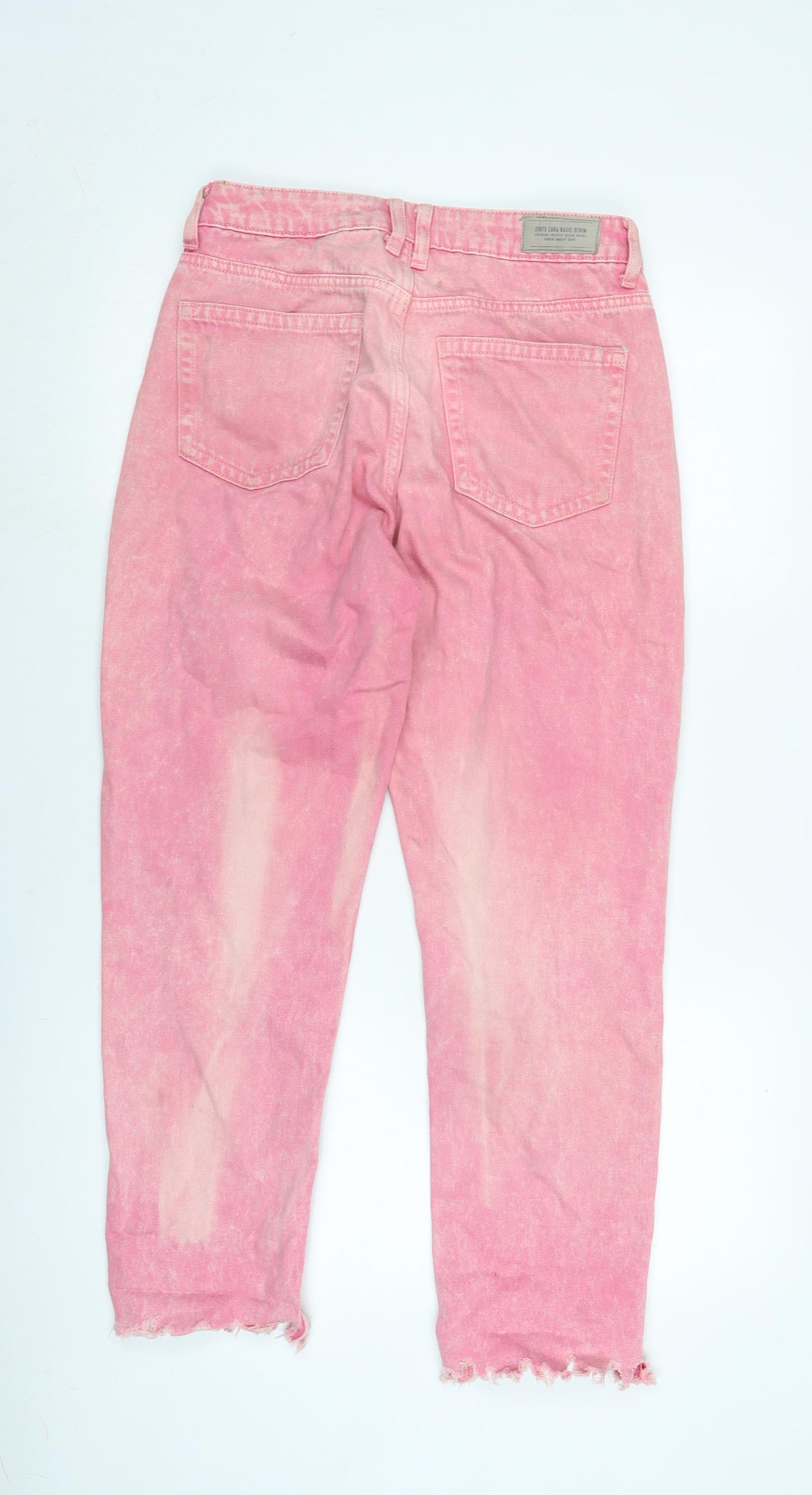 Zara Womens Pink Cotton Straight Jeans Size 10 L26 in Regular Zip - Raw Hem