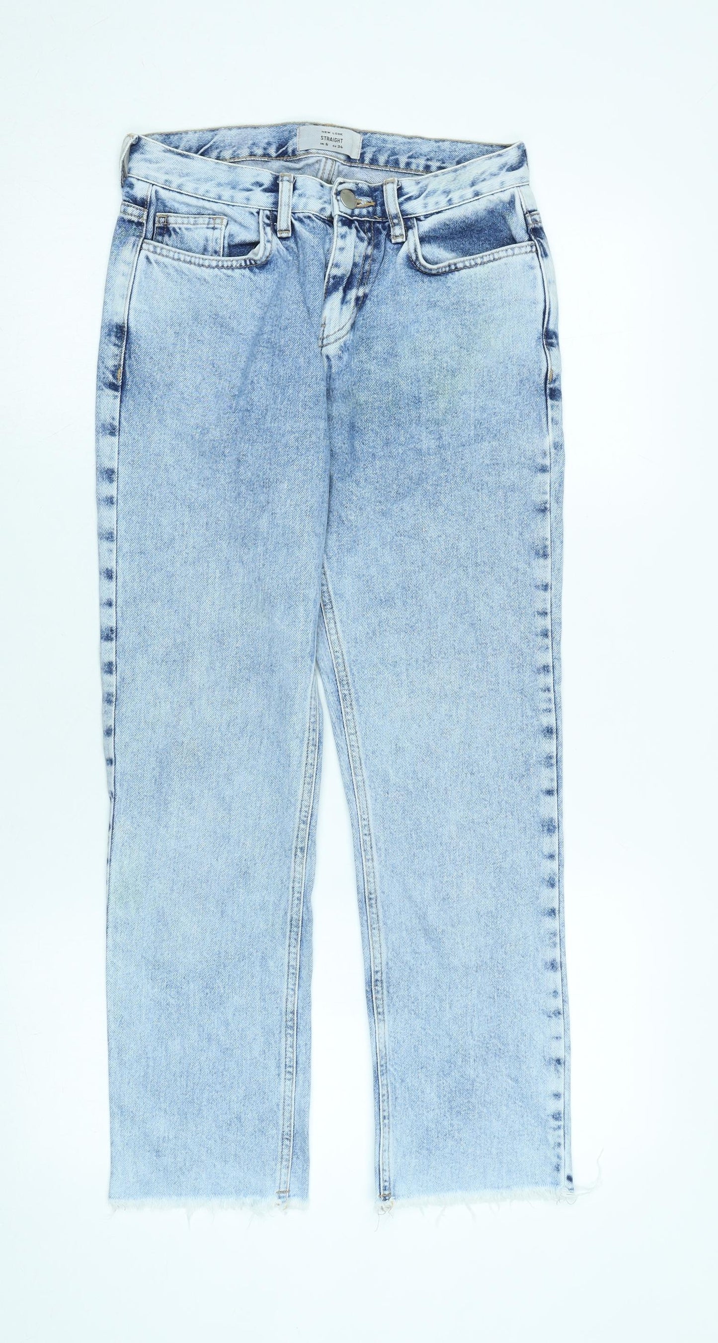 New Look Womens Blue Cotton Straight Jeans Size 6 L25 in Regular Zip - Raw Hem