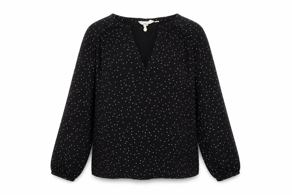 Front view of H&M women’s black cotton basic t-shirt, size M, v-neck