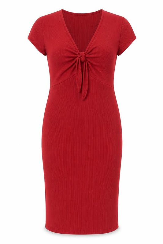 Front view of Miss Selfridge women’s red polyester bodycon, size UK 14, v-neck pullover