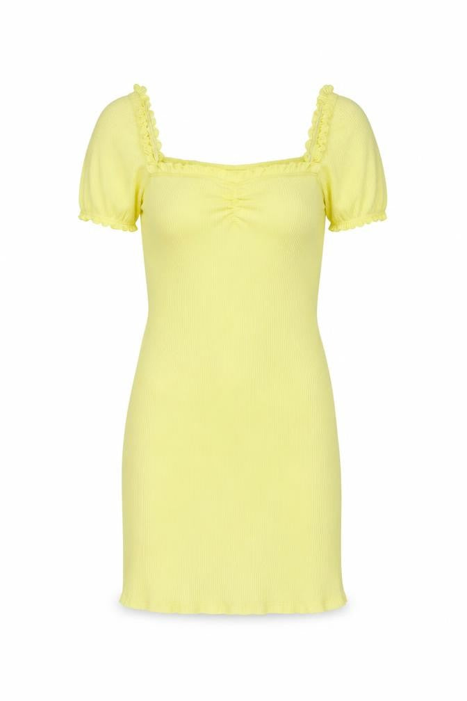 Front view of Miss Selfridge women’s yellow polyester bodycon, size UK 12, square neck pullover