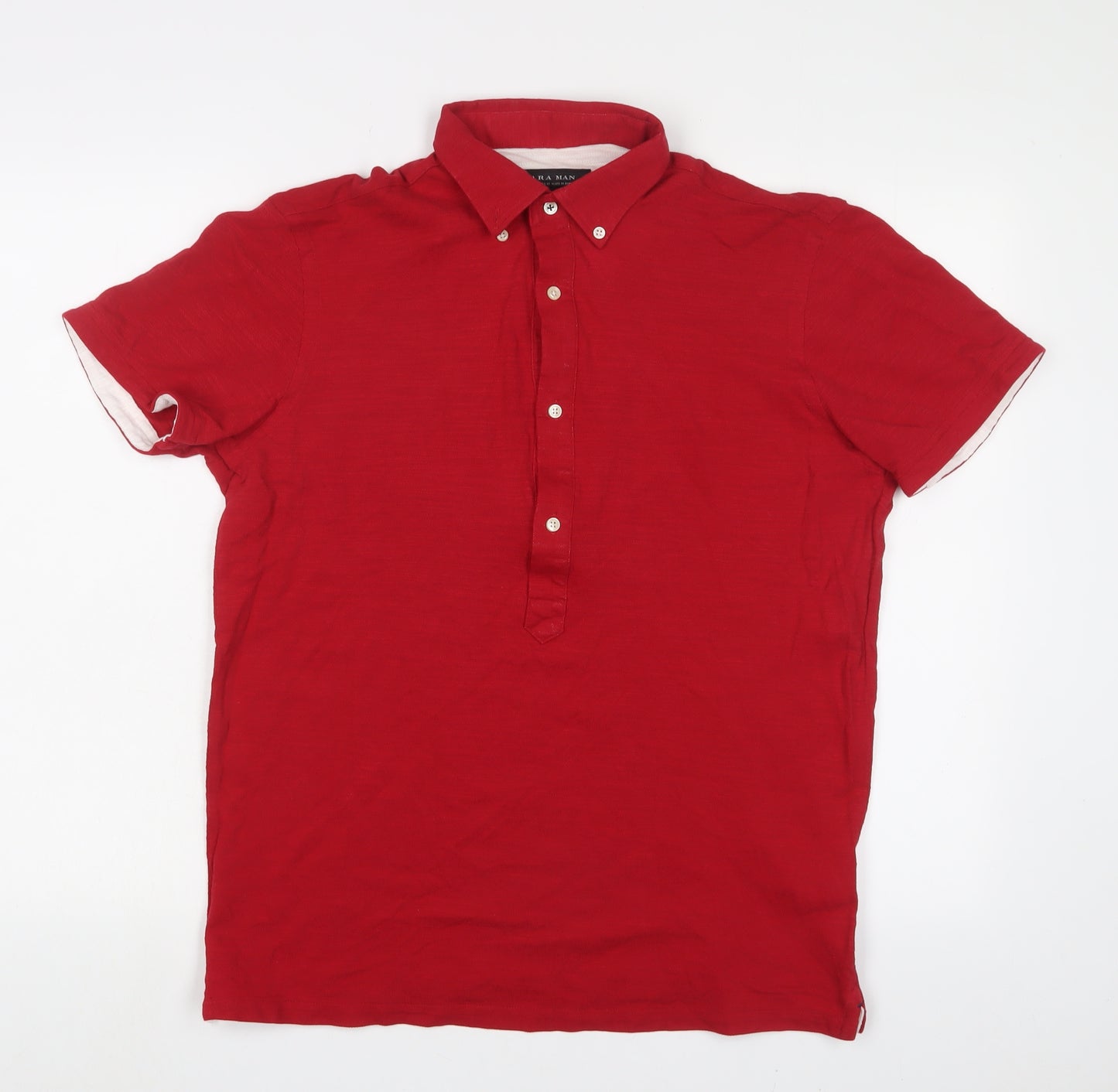 Zara Mens Red Cotton Polo Size M Collared Button