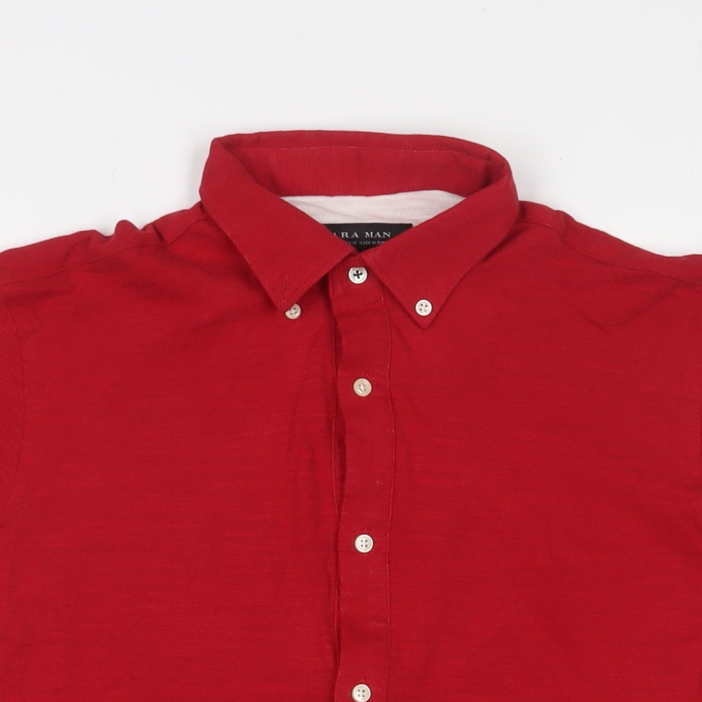 Zara Mens Red Cotton Polo Size M Collared Button