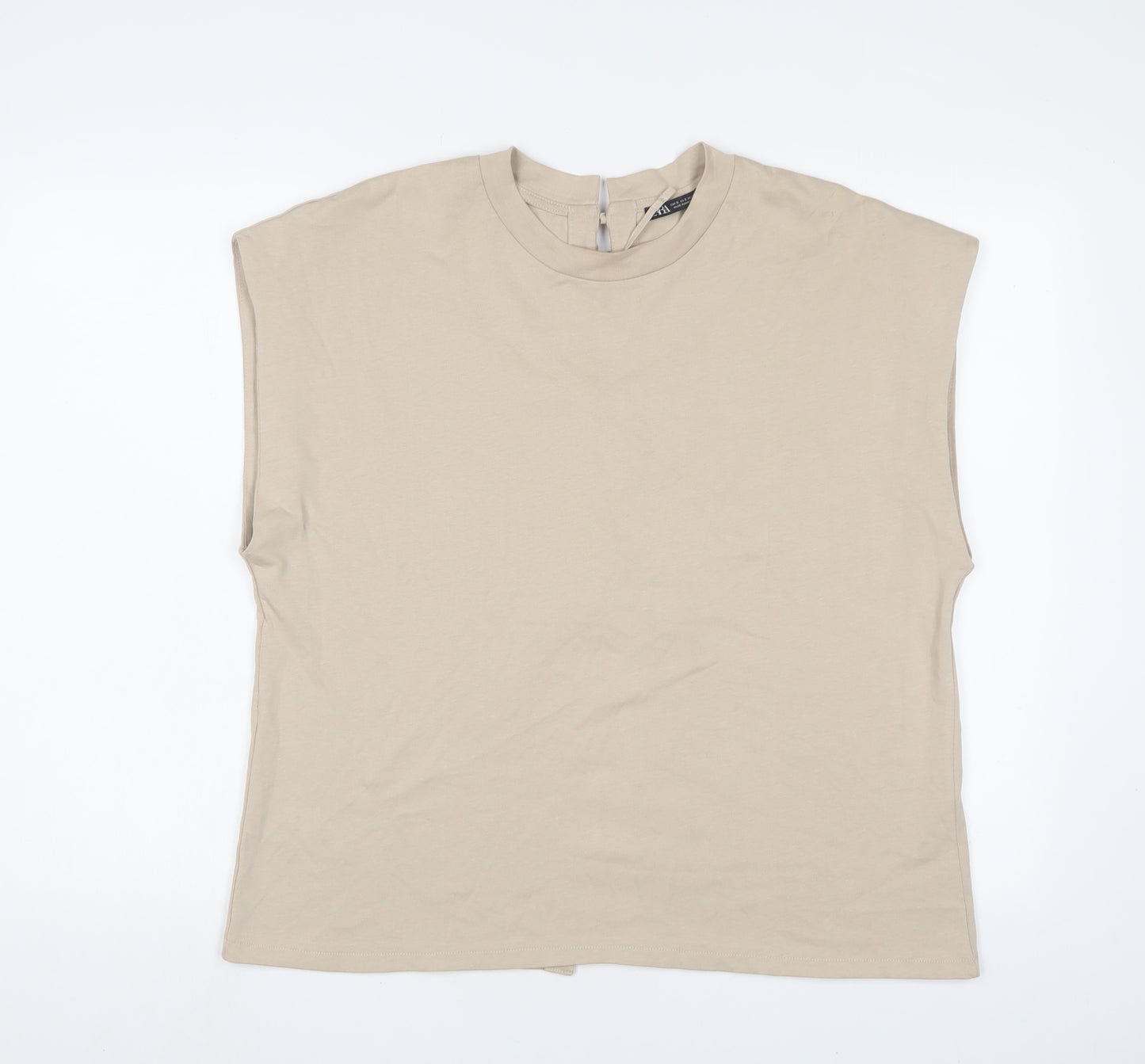 Zara Womens Beige Cotton Basic T-Shirt Size S Crew Neck