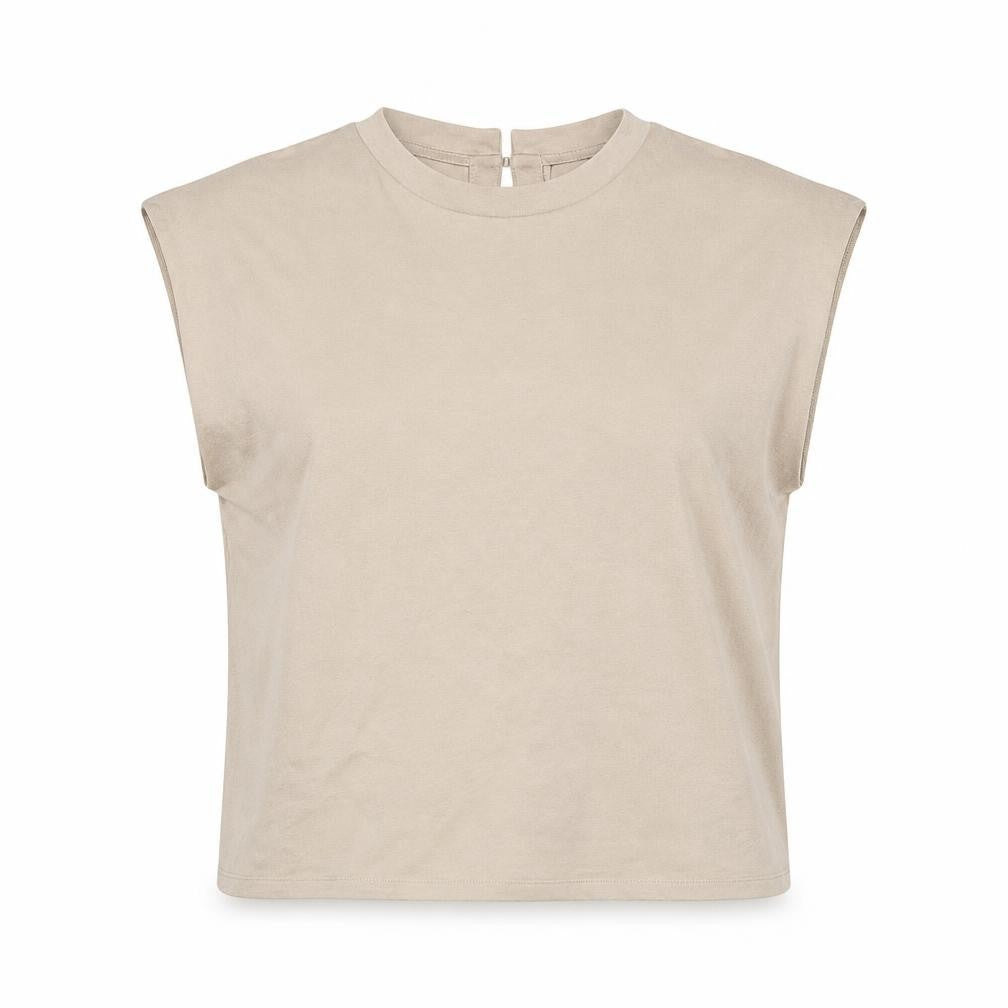 Front view of Zara women’s beige cotton basic t-shirt, size S, crew neck