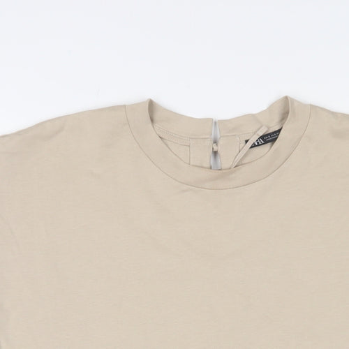 Zara Womens Beige Cotton Basic T-Shirt Size S Crew Neck