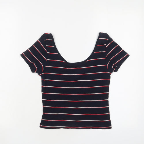 Pull&Bear Womens Blue Striped Cotton Basic T-Shirt Size S Scoop Neck
