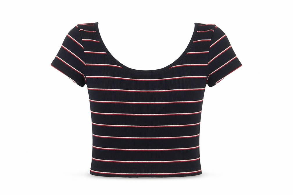 Front view of Pull&Bear women’s blue striped cotton basic t-shirt, size S, scoop neck