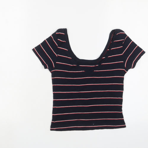 Pull&Bear Womens Blue Striped Cotton Basic T-Shirt Size S Scoop Neck