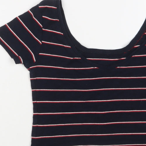 Pull&Bear Womens Blue Striped Cotton Basic T-Shirt Size S Scoop Neck