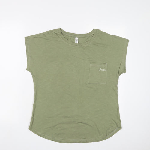 Senqu Womens Green Cotton Basic T-Shirt Size M Crew Neck - Logo, Embroidered