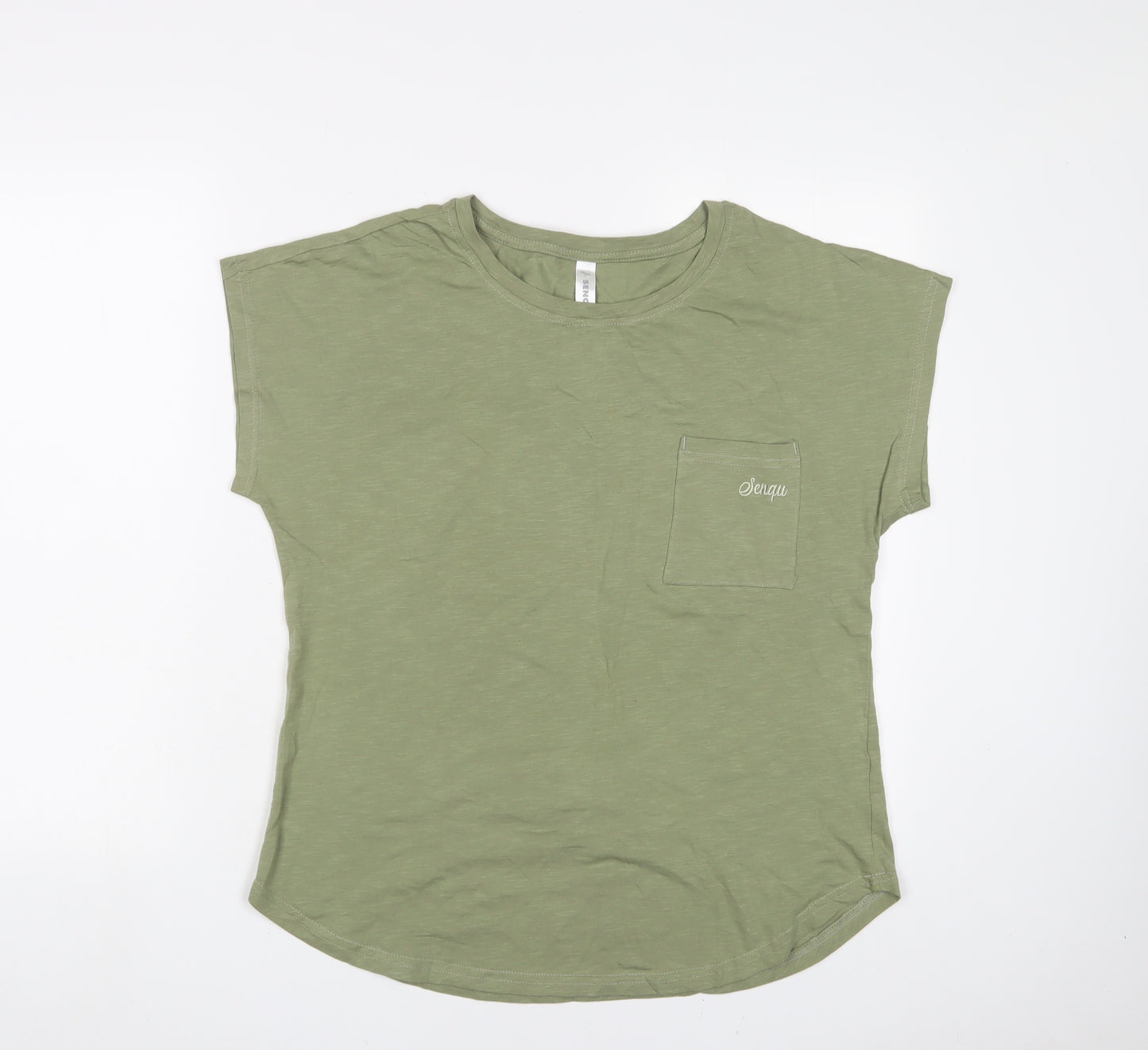 Senqu Womens Green Cotton Basic T-Shirt Size M Crew Neck - Logo, Embroidered