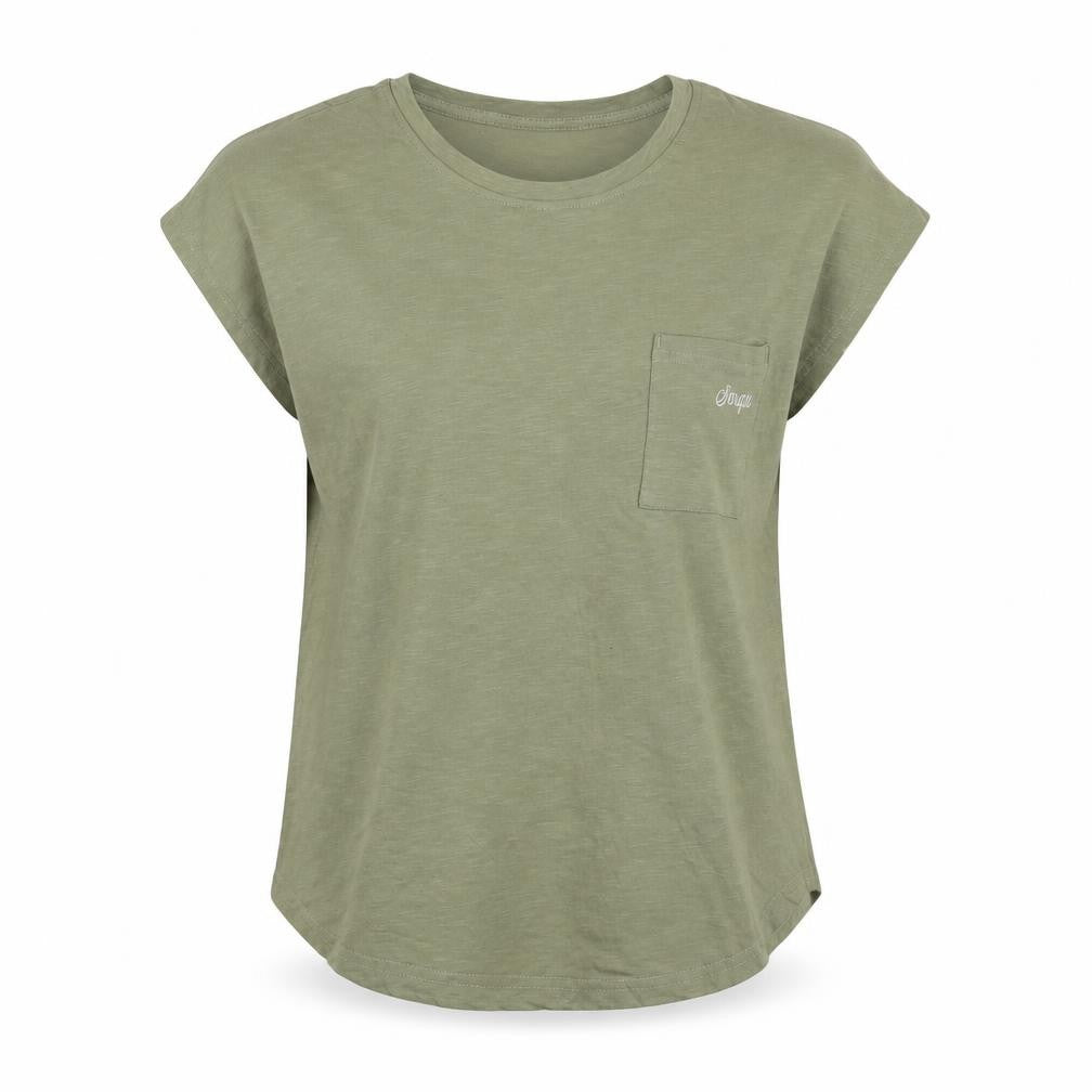 Front view of Senqu women’s green cotton basic t-shirt, size M, crew neck - logo, embroidered