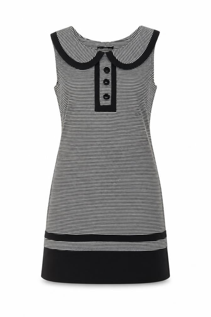 Front view of Dunnes women’s black striped polyester a-line, size UK 10, scoop neck pullover - buttons