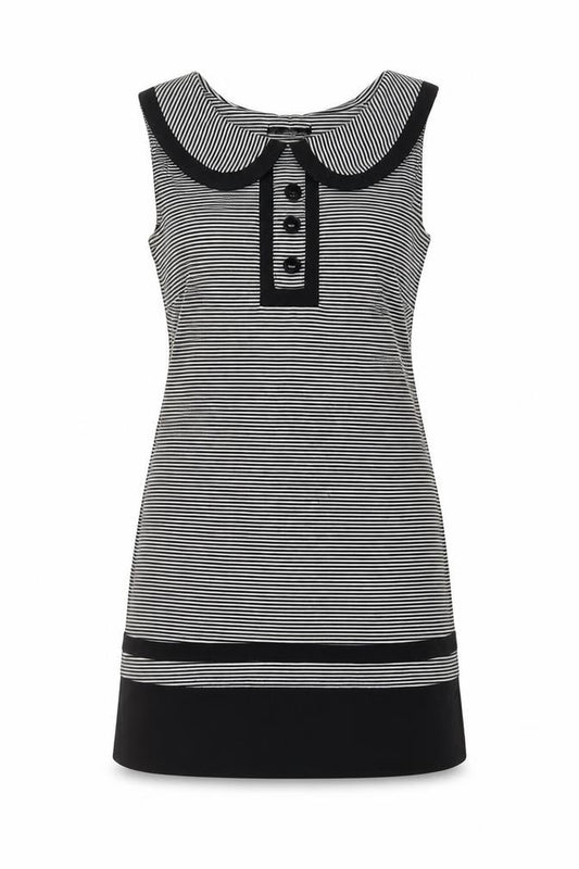 Front view of Dunnes women’s black striped polyester a-line, size UK 10, scoop neck pullover - buttons