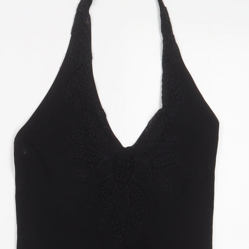 Bershka Womens Black Cotton Bodysuit One-Piece Size S Snap - Embroidered