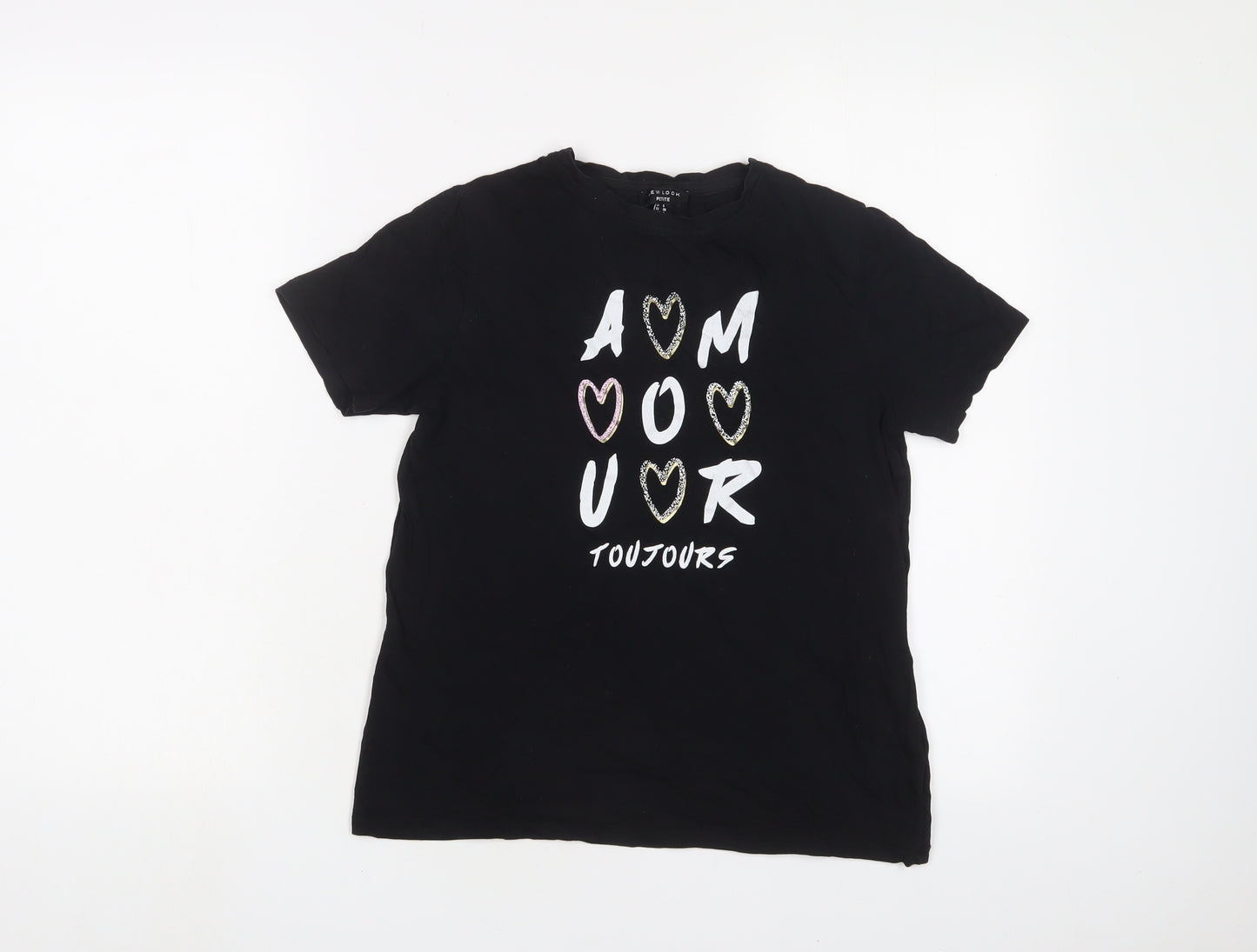 New Look Womens Black Cotton Basic T-Shirt Size 8 Crew Neck - Amour