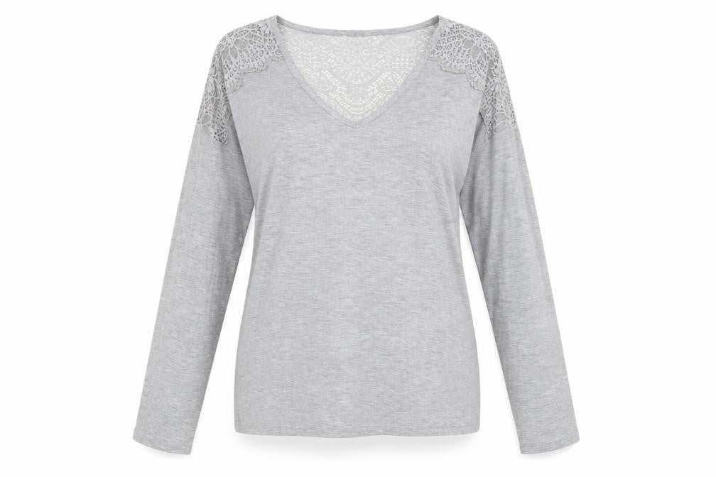 Front view of Marks & Spencer women’s grey solid viscose top pyjama top, size S, - lace