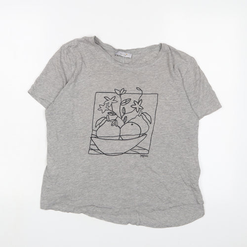 Marks and Spencer Womens Grey Cotton Basic T-Shirt Size 14 Crew Neck - Embroidered