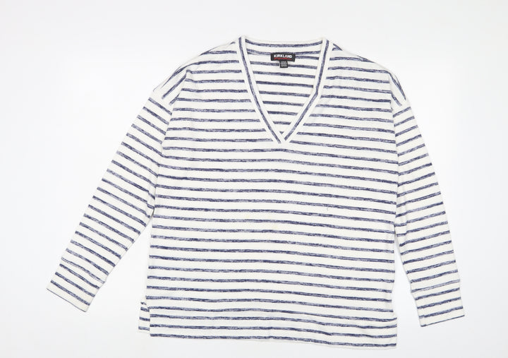 Kirkland Womens White V-Neck Striped Viscose Pullover Jumper Size M
