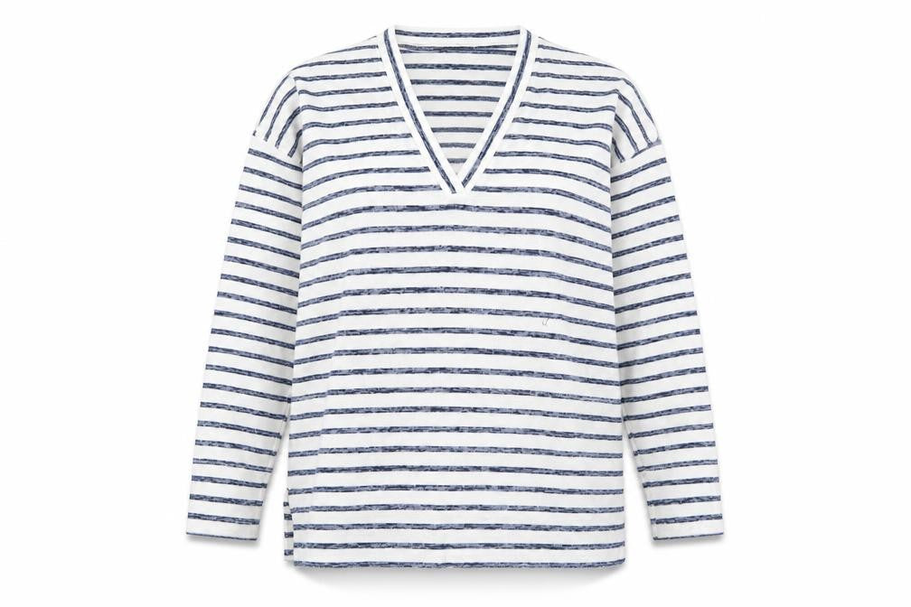 Front view of Kirkland women’s white v-neck striped viscose jumper, size M