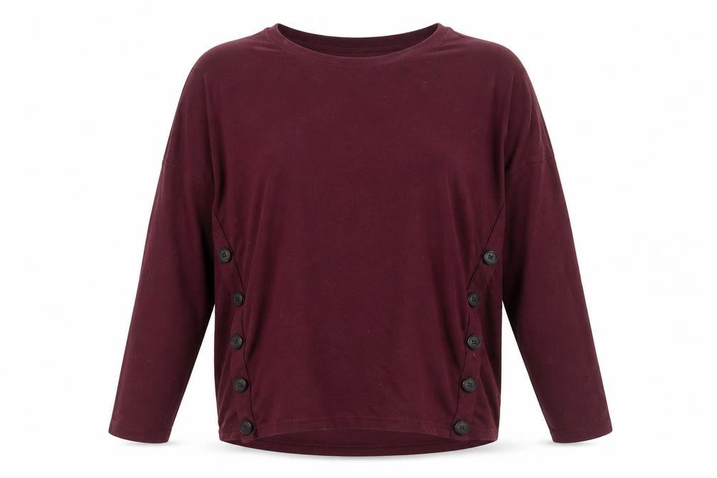 Front view of New Look women’s red crew neck polyester jumper, size UK 8, - buttons