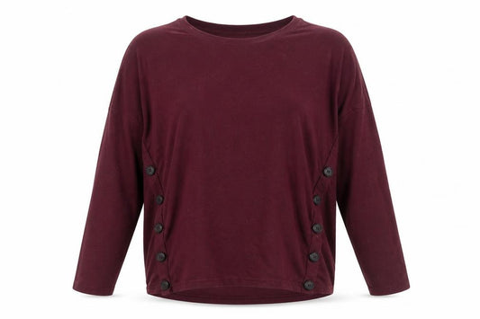Front view of New Look women’s red crew neck polyester jumper, size UK 8, - buttons