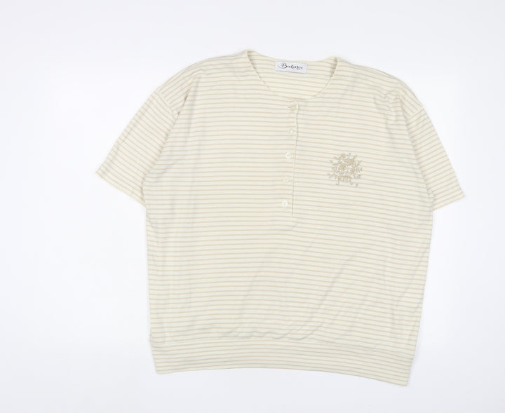 Berkertex Womens Ivory Striped Polyester Basic T-Shirt Size 18 Henley - Flower, Embroidered