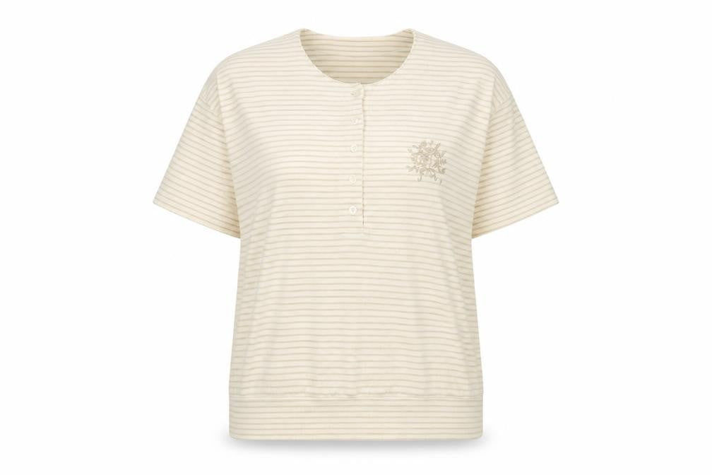 Front view of Berkertex women’s ivory striped polyester basic t-shirt, size UK 18, henley - flower, embroidered