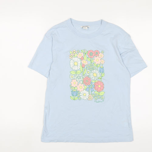 Monki Womens Blue Cotton Basic T-Shirt Size 2XS Crew Neck - Flowers Detail
