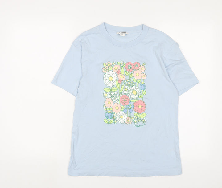 Monki Womens Blue Cotton Basic T-Shirt Size 2XS Crew Neck - Flowers Detail