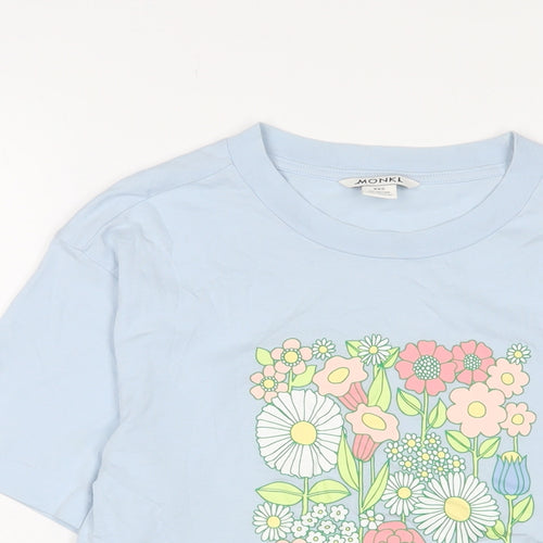 Monki Womens Blue Cotton Basic T-Shirt Size 2XS Crew Neck - Flowers Detail