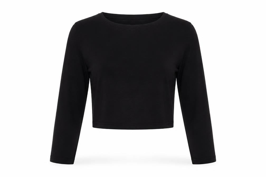 Front view of New Look women’s black polyester cropped t-shirt, size UK 14, crew neck