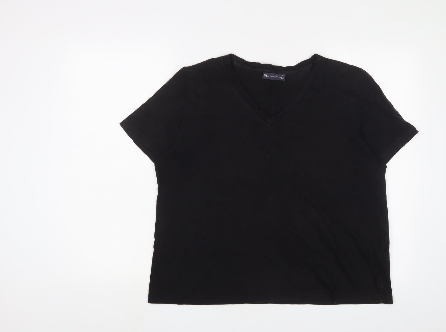 Marks and Spencer Womens Black Cotton Basic T-Shirt Size 16 V-Neck