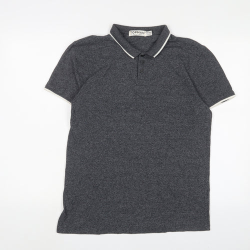 Topman Mens Grey Cotton Polo Size L Collared Button