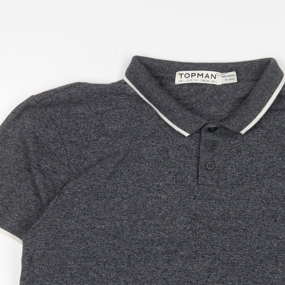 Topman Mens Grey Cotton Polo Size L Collared Button