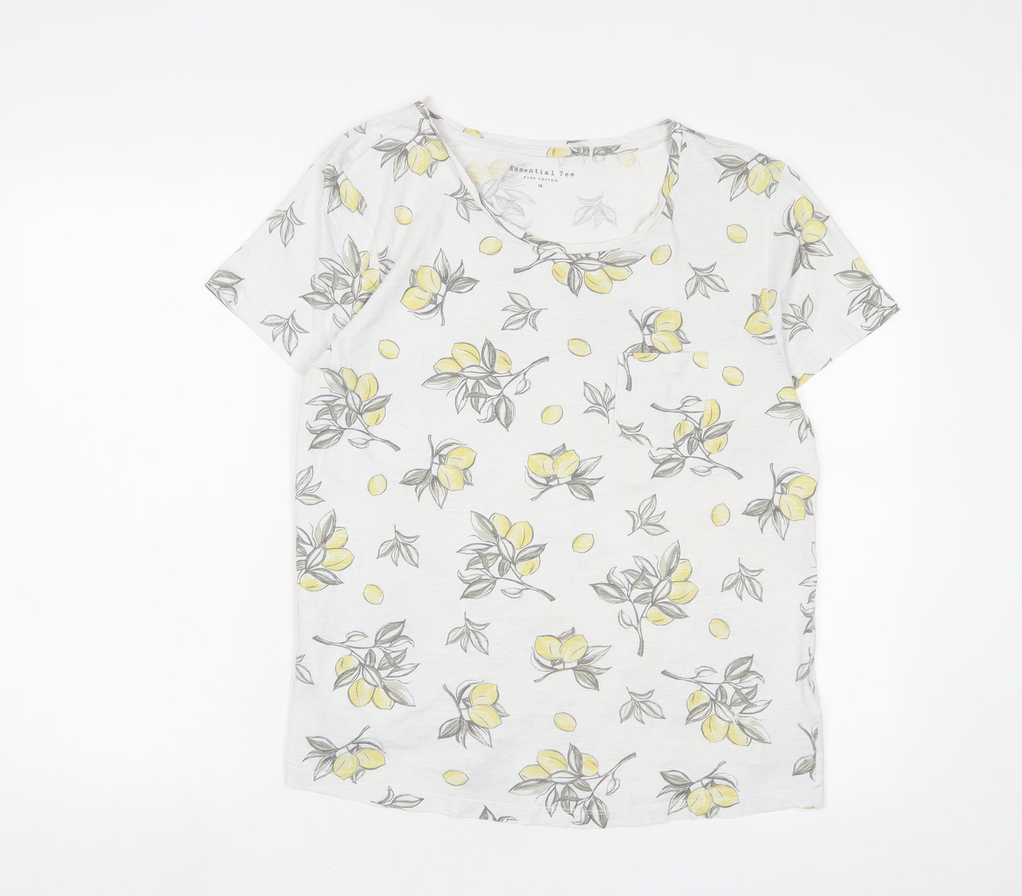 Debenhams Womens White Geometric Cotton Basic T-Shirt Size 16 Crew Neck - Lemon Print