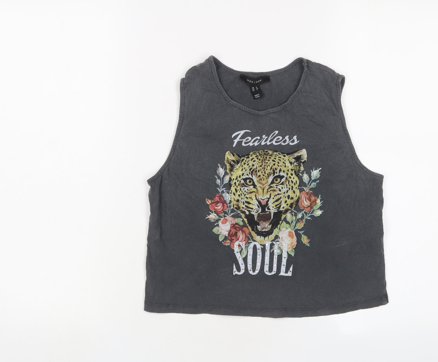 New Look Womens Grey Cotton Cropped Tank Size 8 Crew Neck - Fearless Soul