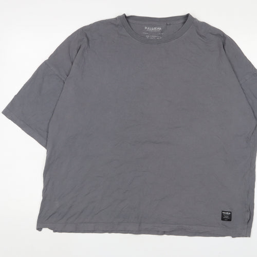 Pull&Bear Mens Grey Cotton T-Shirt Size XL Crew Neck - Logo, Embroidered