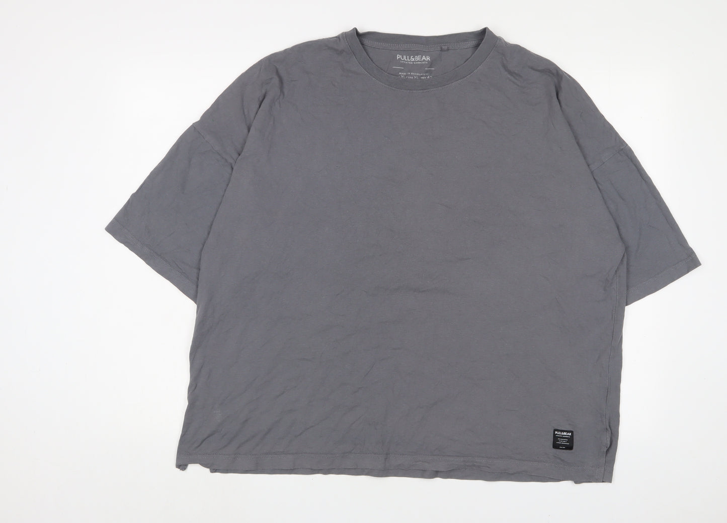 Pull&Bear Mens Grey Cotton T-Shirt Size XL Crew Neck - Logo, Embroidered