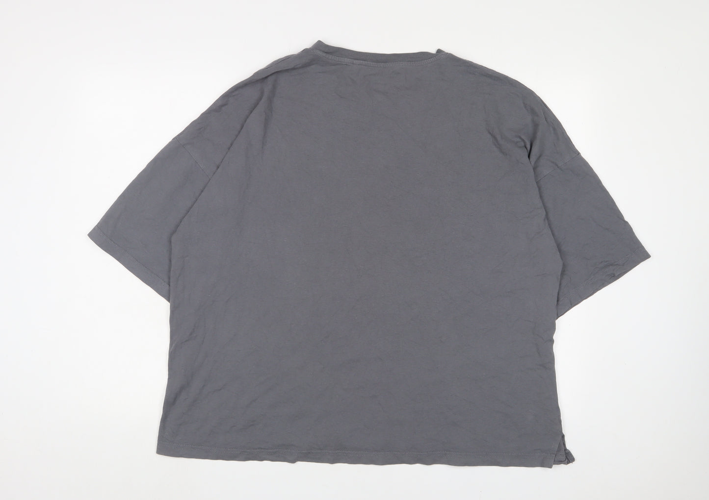 Pull&Bear Mens Grey Cotton T-Shirt Size XL Crew Neck - Logo, Embroidered