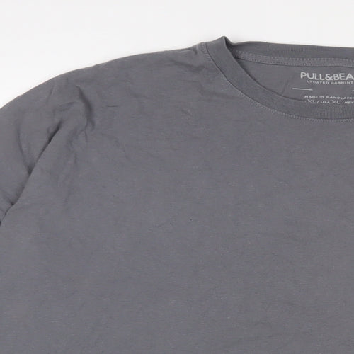 Pull&Bear Mens Grey Cotton T-Shirt Size XL Crew Neck - Logo, Embroidered