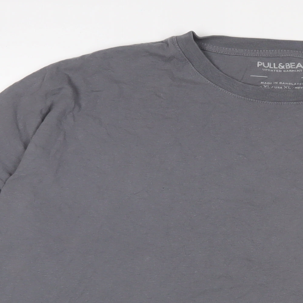 Pull&Bear Mens Grey Cotton T-Shirt Size XL Crew Neck - Logo, Embroidered