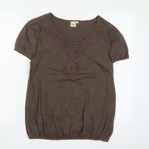 Cotton Traders Womens Brown Cotton Basic T-Shirt Size 12 Boat Neck - Embroidered