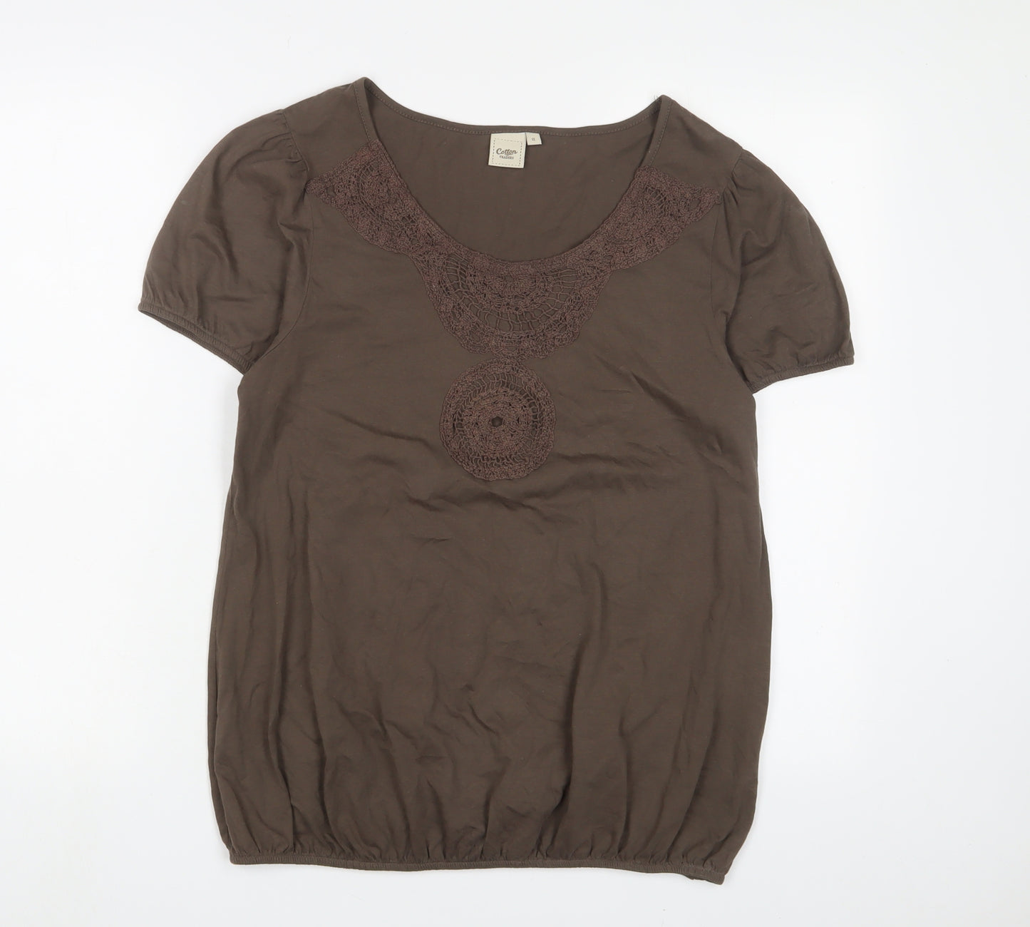 Cotton Traders Womens Brown Cotton Basic T-Shirt Size 12 Boat Neck - Embroidered