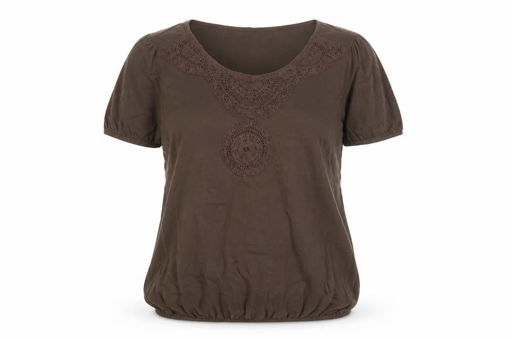 Front view of Cotton Traders women’s brown cotton basic t-shirt, size UK 12, boat neck - embroidered