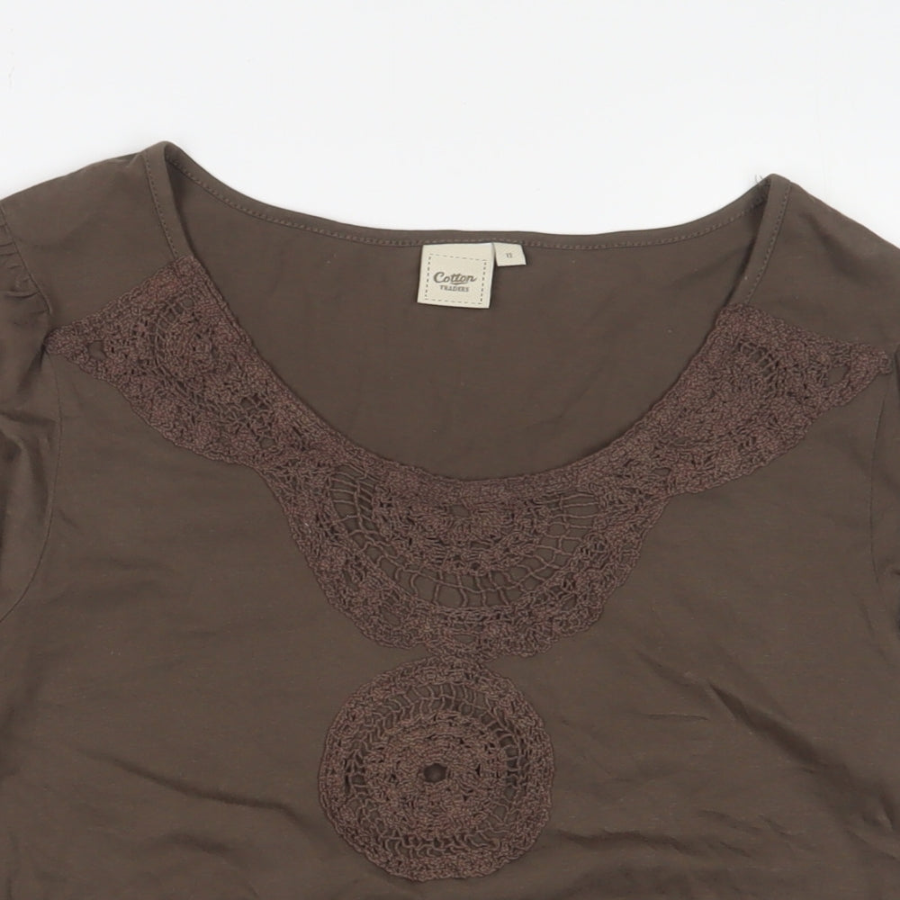 Cotton Traders Womens Brown Cotton Basic T-Shirt Size 12 Boat Neck - Embroidered