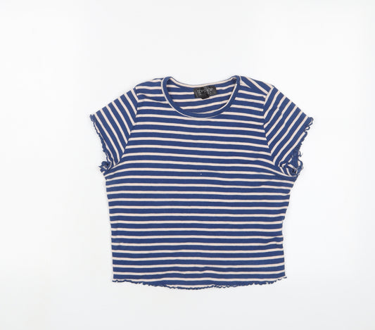 Topshop Womens Blue Striped Cotton Cropped T-Shirt Size 10 Crew Neck - Lettuce Edging